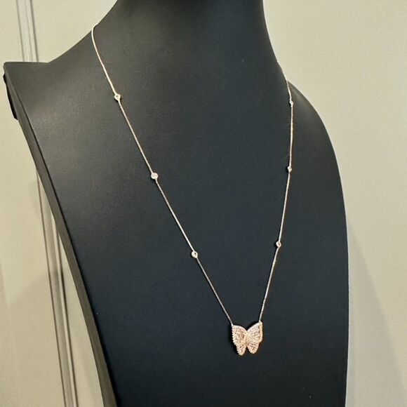 925 Sterling Silver Rose Gold Vermeil Butterfly CZ Pendant Station Necklace - Picture 5 of 5